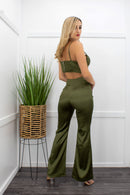 Satin Green Crop Top Pant Set-Set-Moda Fina Boutique