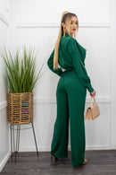 Satin Long Sleeve Belted Green Jumpsuit-Jumpsuit-Moda Fina Boutique