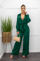 Satin Long Sleeve Belted Green Jumpsuit-Jumpsuit-Moda Fina Boutique
