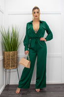 Satin Long Sleeve Belted Green Jumpsuit-Jumpsuit-Moda Fina Boutique