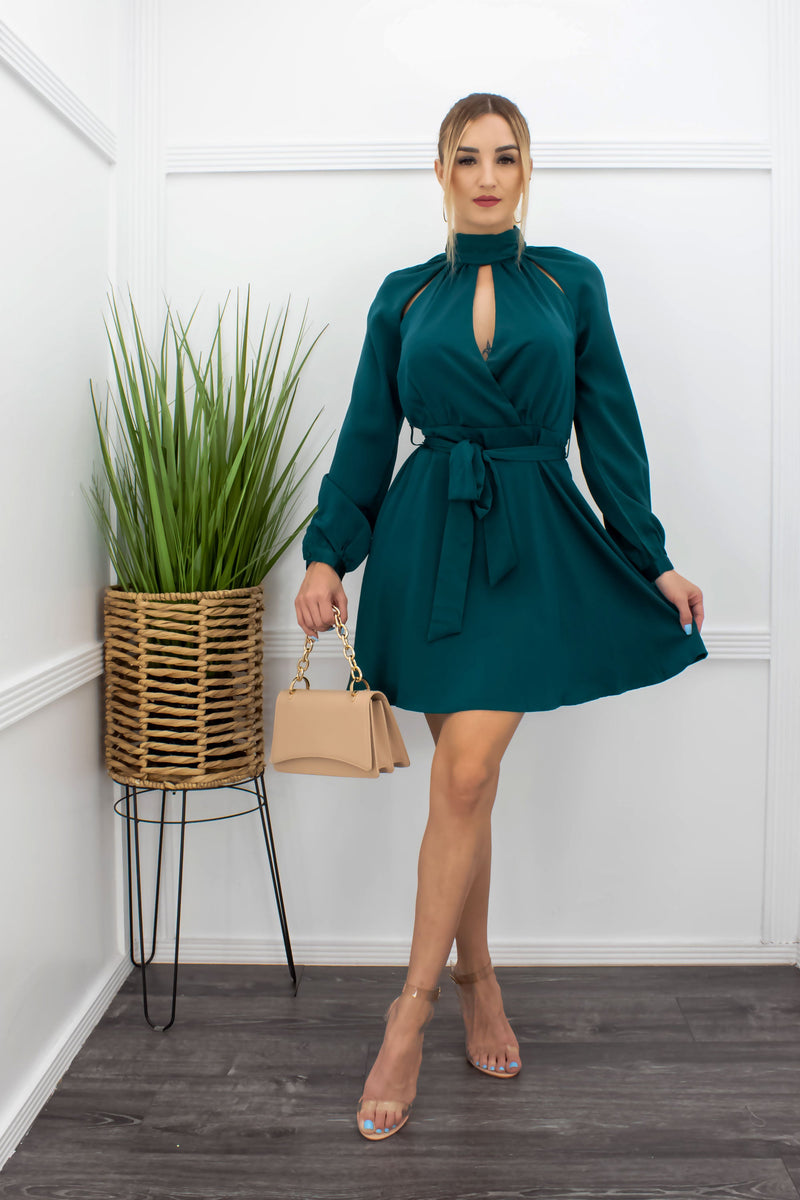 Satin Long Sleeve Ruffle Mini Dress-Mini Dress-Moda Fina Boutique