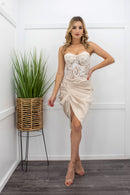 Satin Ruched Slit Midi Dress-Midi Dress-Moda Fina Boutique