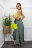 Satin Sleeveless Ruffle Slit Maxi Dress-Maxi Dress-Moda Fina Boutique