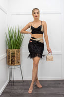 Sequin Crop Top W Fringe Mini Skirt Set-Set-Moda Fina Boutique