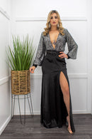 Sequin Long Sleeve Slit Black Maxi Dress-Maxi Dress-Moda Fina Boutique