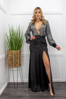 Sequin Long Sleeve Slit Black Maxi Dress-Maxi Dress-Moda Fina Boutique