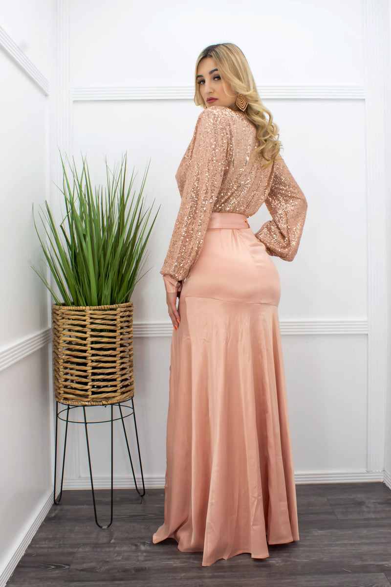 Sequin Long Sleeve Slit Rose Gold Maxi Dress-Maxi Dress-Moda Fina Boutique