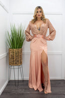 Sequin Long Sleeve Slit Rose Gold Maxi Dress-Maxi Dress-Moda Fina Boutique
