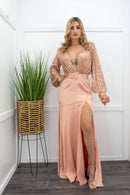 Sequin Long Sleeve Slit Rose Gold Maxi Dress-Maxi Dress-Moda Fina Boutique
