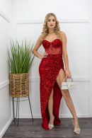 Sequin Sleeveless Slit Maxi Dress Red-Maxi Dress-Moda Fina Boutique