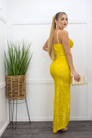 Sequin Sleeveless Slit Yellow Maxi Dress-Maxi Dress-Moda Fina Boutique