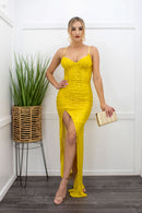 Sequin Sleeveless Slit Yellow Maxi Dress-Maxi Dress-Moda Fina Boutique