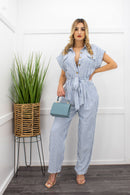Short Sleeve Blue Belted Jumpsuit-Jumpsuit-Moda Fina Boutique
