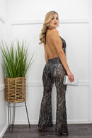 Silver Fringe Deep v Sequin Jumpsuit-Jumpsuit-Moda Fina Boutique