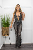 Silver Fringe Deep v Sequin Jumpsuit-Jumpsuit-Moda Fina Boutique