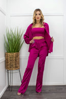 Three Pieces Satin Long Sleeve Bra Top Pant Set-Set-Moda Fina Boutique