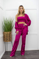 Three Pieces Satin Long Sleeve Bra Top Pant Set-Set-Moda Fina Boutique