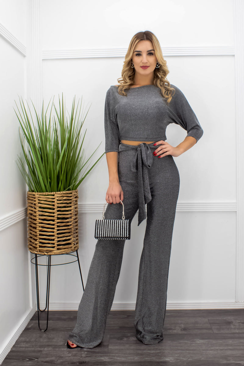 Two Piece Top With Matching Pant Set Sliver-Set-Moda Fina Boutique