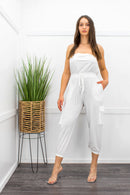 White Satin With Design Pocket Belted Jumpsuit-Jumpsuit-Moda Fina Boutique