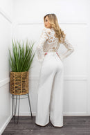 White Sequin Feather Trim Wide Leg Jumpsuit-Jumpsuit-Moda Fina Boutique