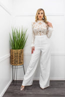 White Sequin Feather Trim Wide Leg Jumpsuit-Jumpsuit-Moda Fina Boutique