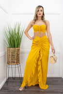Yellow Crop Top Ruffled Slit Maxi Skirt Set-Set-Moda Fina Boutique