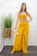 Yellow Crop Top Ruffled Slit Maxi Skirt Set-Set-Moda Fina Boutique